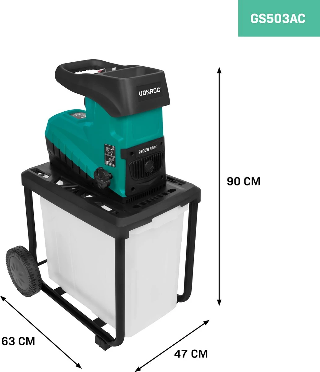 VONROC Stille Hakselaar/Shredder 2800W – Voor Takken Tot Ø45mm – Incl. 60L Opvangbak & Duwstok - Afbeelding 3
