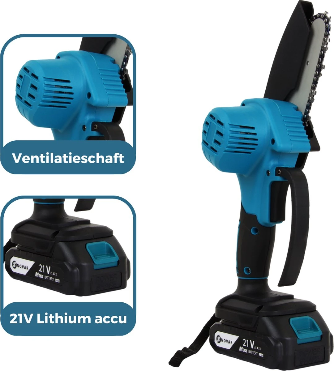 NovarGarden® Mini Kettingzaag NG1 - Met 2x Accu - Takkenzaag - Snoeizaag - Electrisch - Handzaag - Boomzaag - 21V - Afbeelding 3