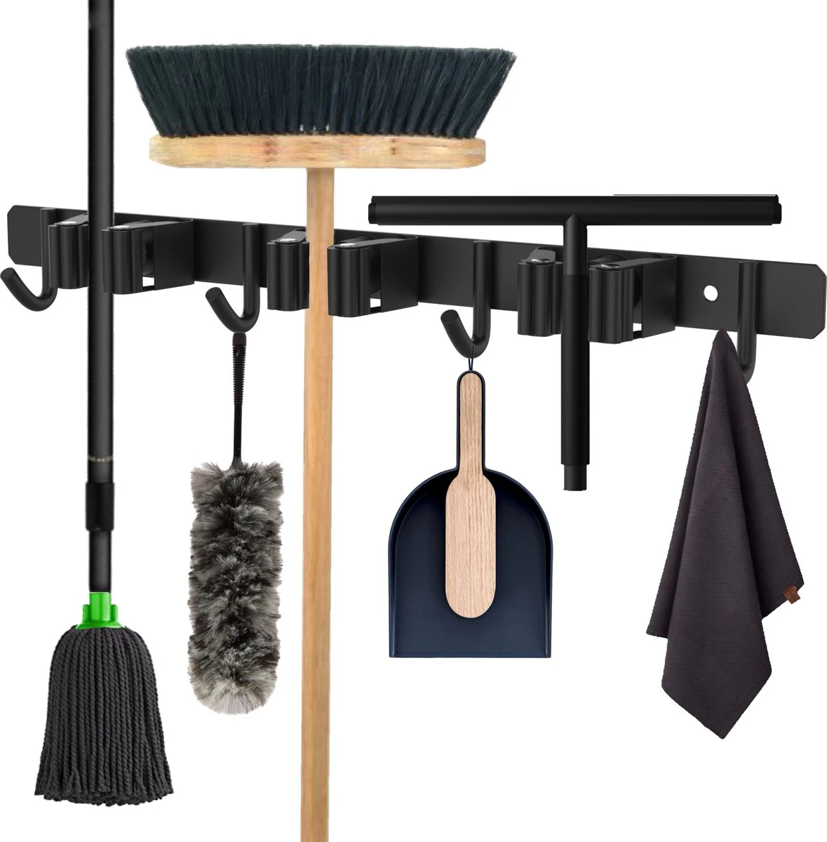 Volcan Bezemhouder - Bezem Ophangsysteem Tuingereedschap - Gereedschapshouder - Zelfklevend - 3M Tape - 3 Houders 4 Haken - RVS Zwart