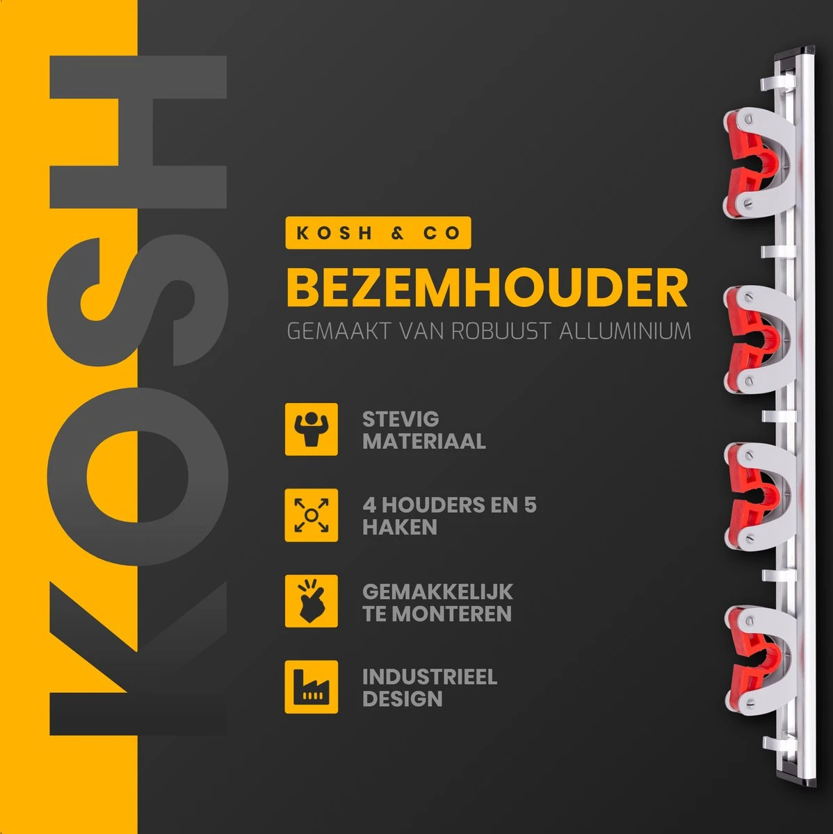 Merkloos Stevige Bezemhouder - Aluminium - Ophangsysteem Bezem - 5 Haken & 4 Houders - Gereedschaphouder - Opbergsysteem - Afbeelding 4