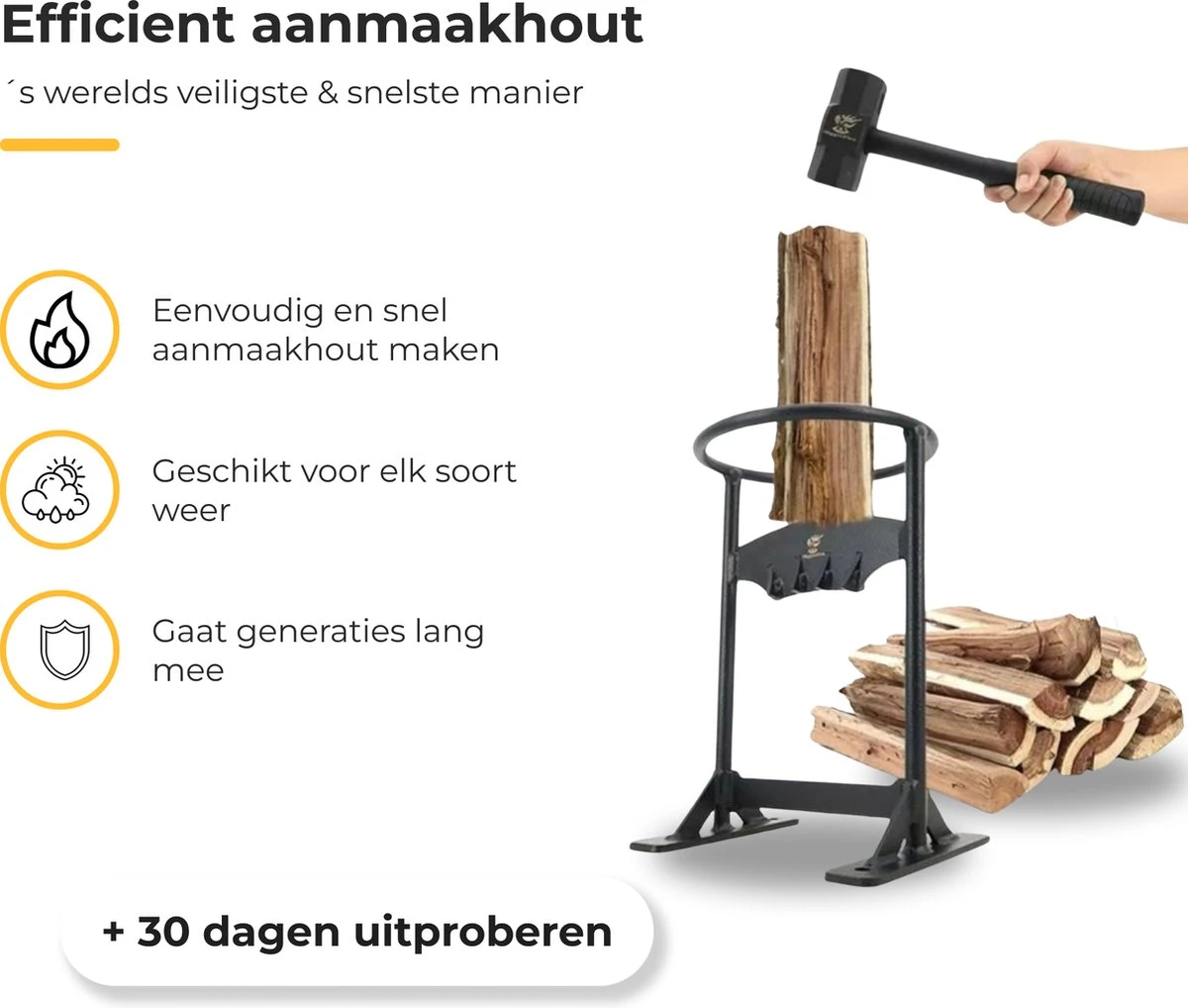 Maatworkz - Houtklover + Hamer - Houtsplijter - Houtkliever - Houtklover Voor Aanmaakhout - Gietijzer - Zwart - Afbeelding 2