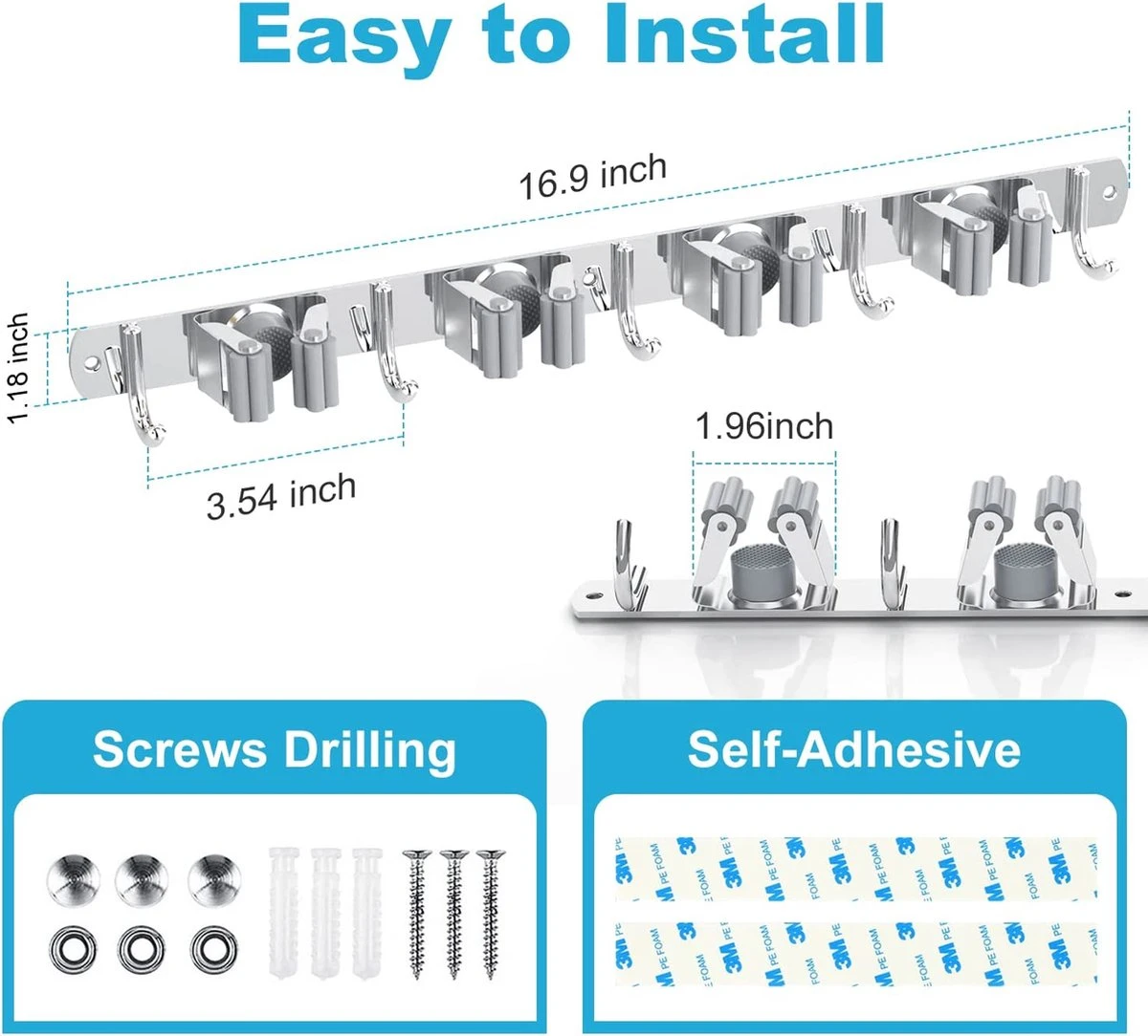 BOTC Bezemhouder - 5 Houders 6 Haken Bezem Ophangsysteem - Zeflklevend - Opbergsysteem - Ophanghaken - Tuingereedschap - Gereedschap Opbergen - Afbeelding 5