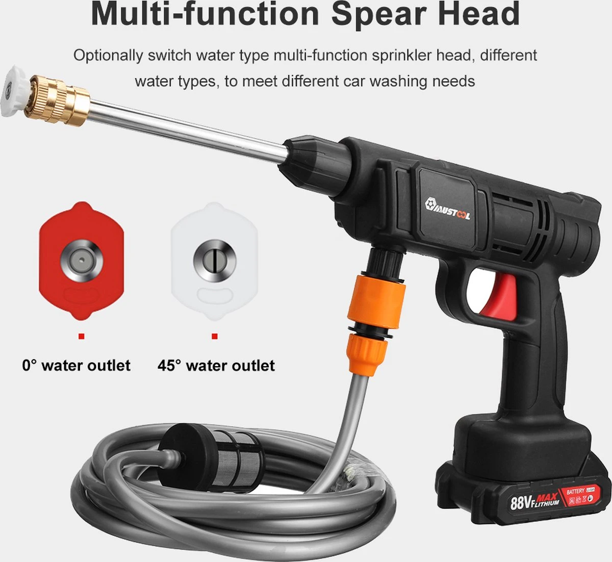Merkloos Elektrische Accu-Hogedrukreiniger - 1.2mpa - Multifunctioneel Mondstuk - Draagbaar Oplaadbaar Snoerloos - Reinigingsspuitpistool - Met Rijke Accessoires - Voor Auto, Tuin, Terras, Raam - Zwart - Afbeelding 2