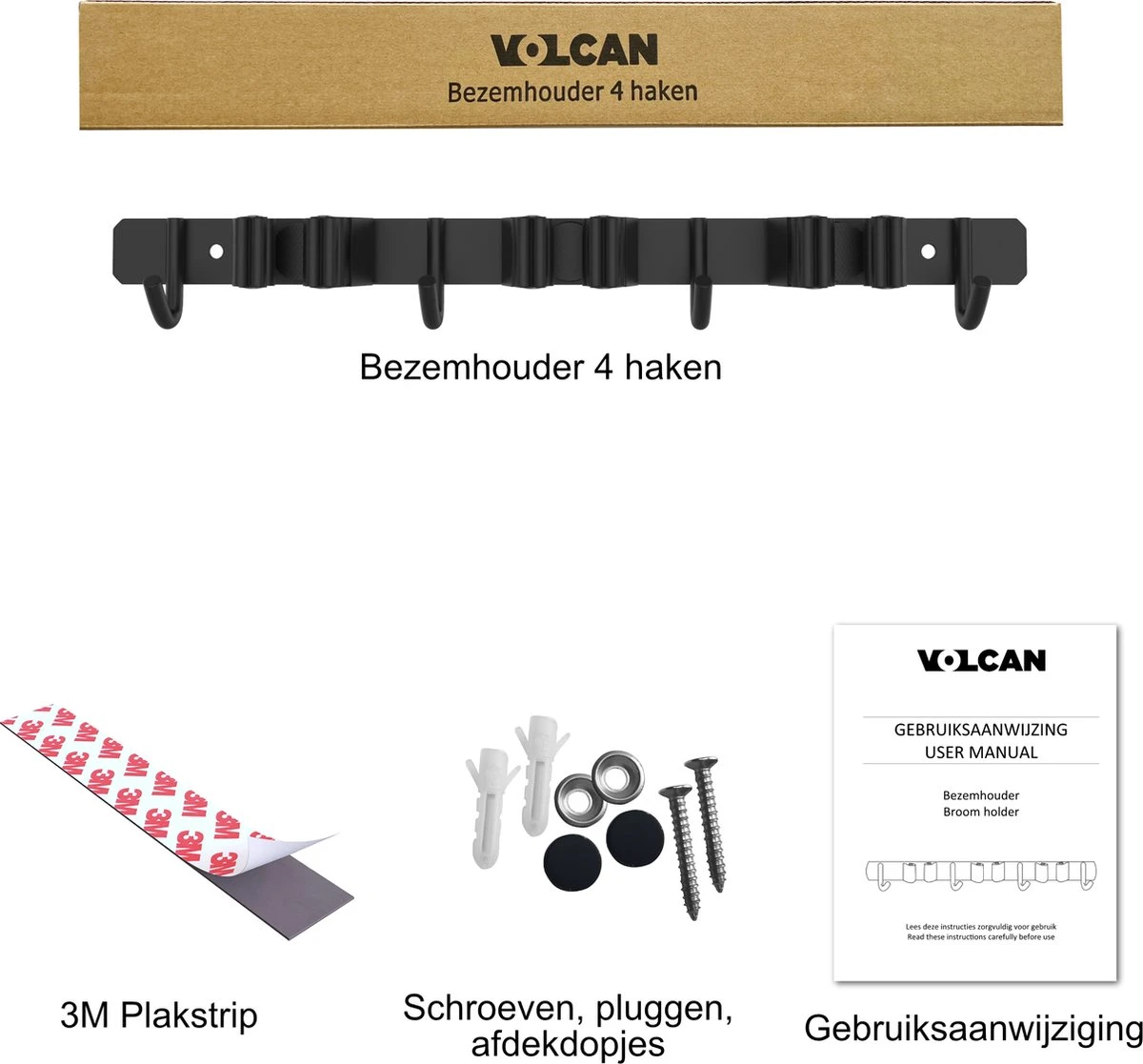 Volcan Bezemhouder - Bezem Ophangsysteem Tuingereedschap - Gereedschapshouder - Zelfklevend - 3M Tape - 3 Houders 4 Haken - RVS Zwart - Afbeelding 7