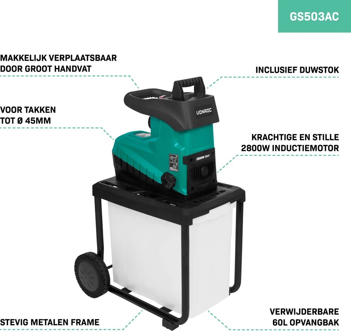 VONROC Stille Hakselaar/Shredder 2800W – Voor Takken Tot Ø45mm – Incl. 60L Opvangbak & Duwstok - Afbeelding 4