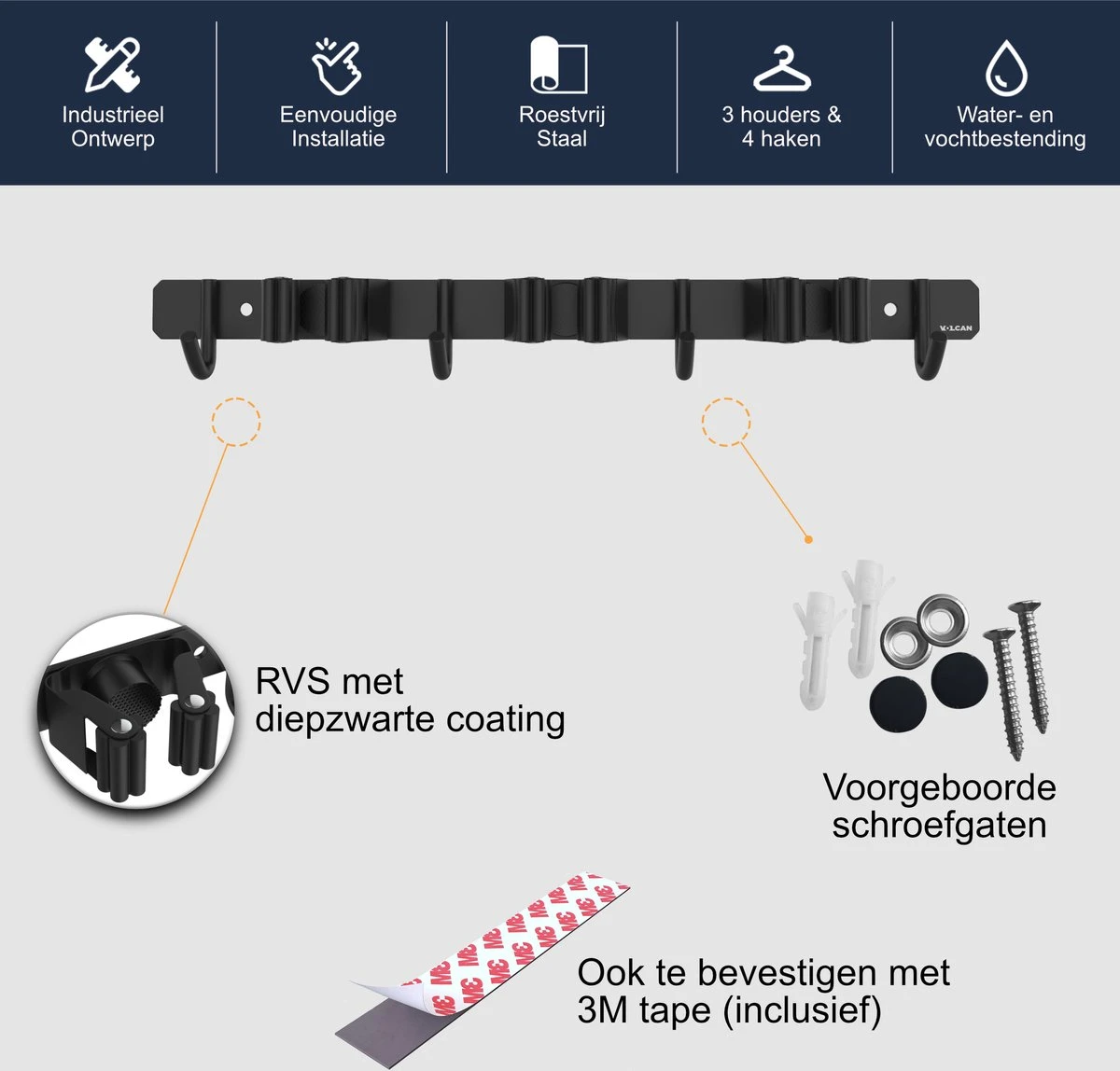 Volcan Bezemhouder - Bezem Ophangsysteem Tuingereedschap - Gereedschapshouder - Zelfklevend - 3M Tape - 3 Houders 4 Haken - RVS Zwart - Afbeelding 6