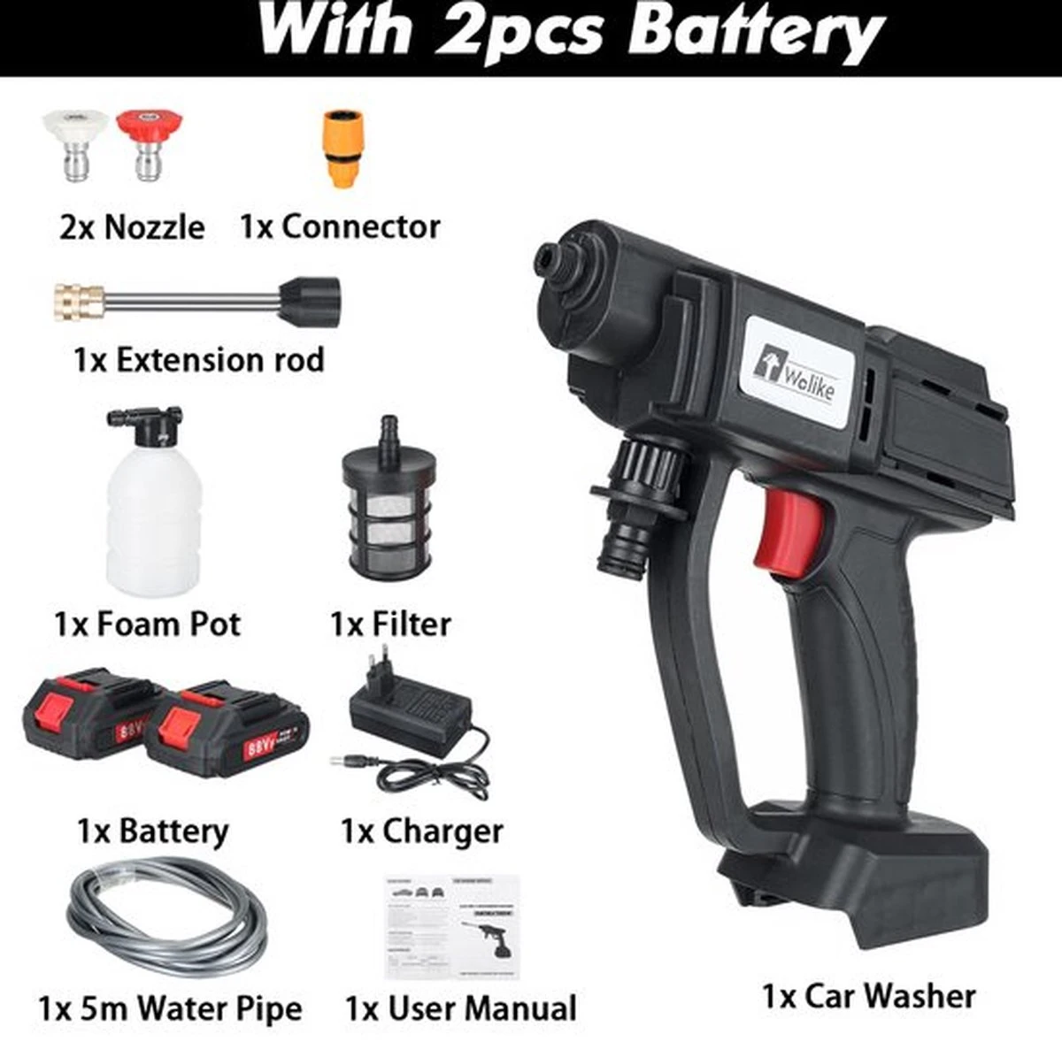 Merkloos Elektrische Accu-Hogedrukreiniger - 20Bar - Multifunctioneel Mondstuk - Draagbaar Oplaadbaar Snoerloos - Reinigingsspuitpistool - Met Rijke Accessoires - Voor Makita 18V-batterij - Voor Auto, Tuin, Terras, Raam (Zwart) - Afbeelding 10