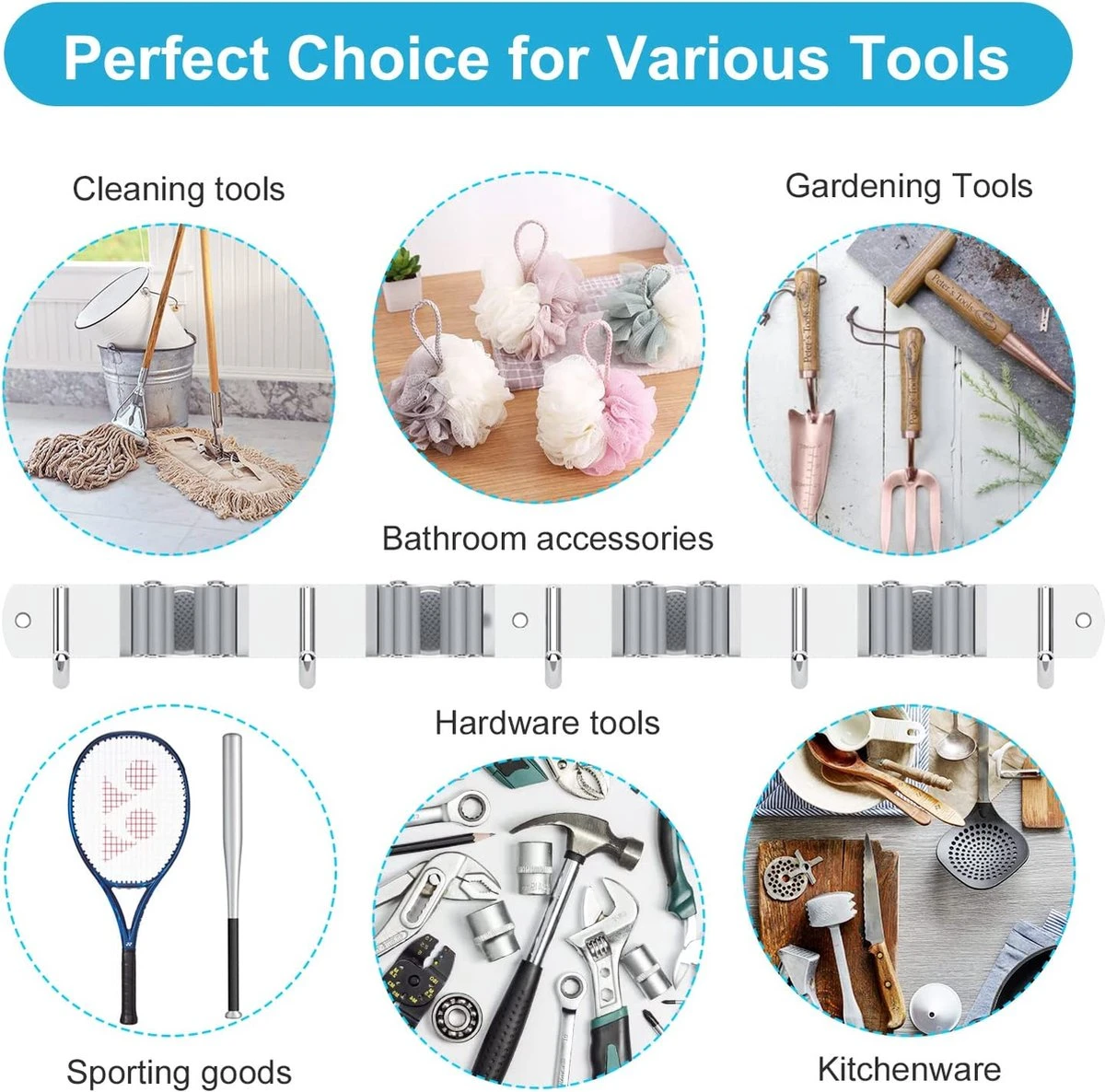 BOTC Bezemhouder - 5 Houders 6 Haken Bezem Ophangsysteem - Zeflklevend - Opbergsysteem - Ophanghaken - Tuingereedschap - Gereedschap Opbergen - Afbeelding 6