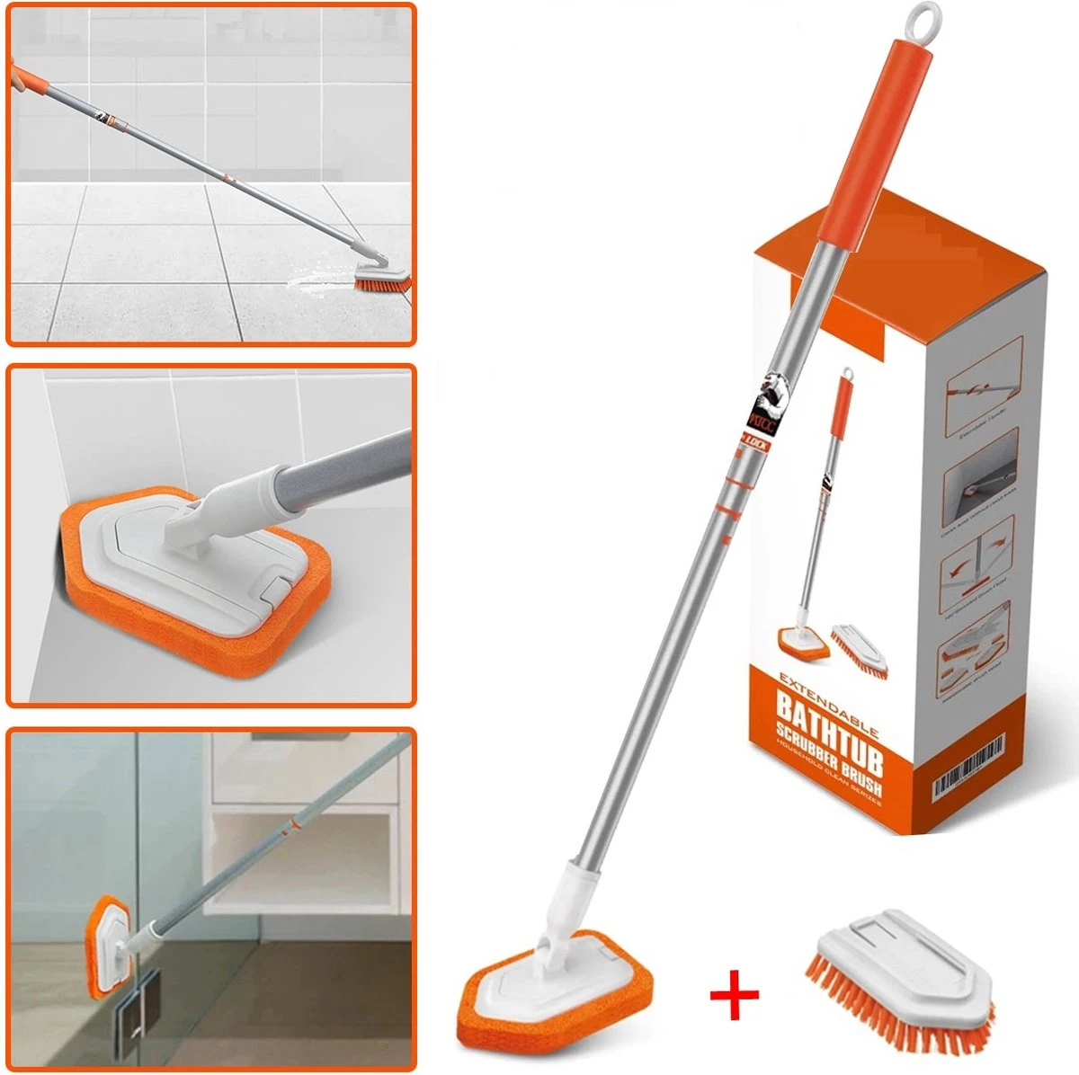 Merkloos Vloerschrobber - Bad Tegel Borstel Scrubber - Met 107cm Verstelbaar Lange - Voor Reiniging Badkamer Keuken Keramische Tegel - Oranje -Moederdag Cadeautje - Afbeelding 2