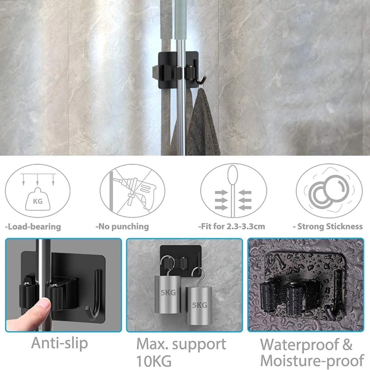 BOTC Bezemhouder - 4 Stuks - RVS - Bezem Ophangsysteem - Bezem Houder - Tuingereedschap - Zwart - Afbeelding 2
