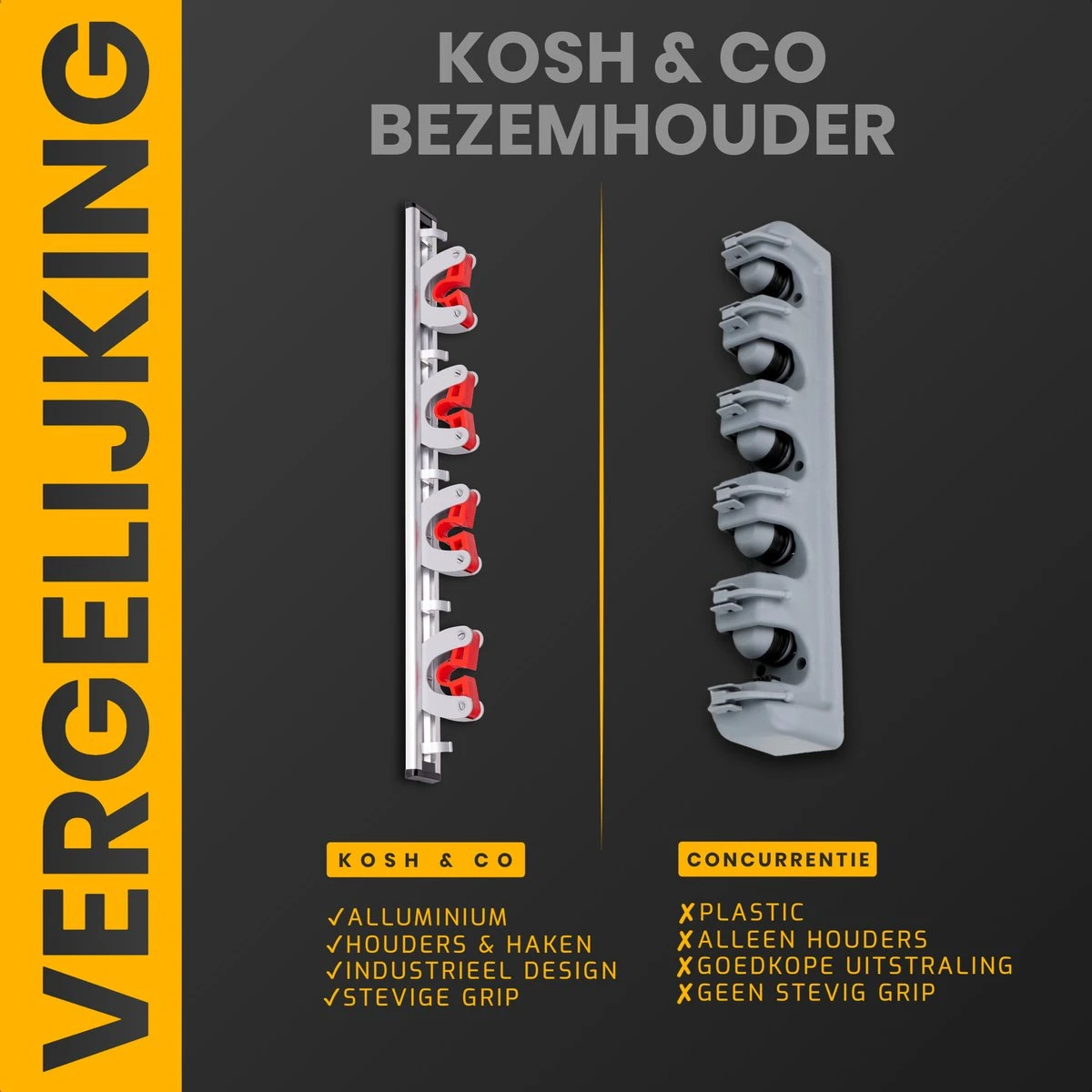 Merkloos Stevige Bezemhouder - Aluminium - Ophangsysteem Bezem - 5 Haken & 4 Houders - Gereedschaphouder - Opbergsysteem - Afbeelding 3