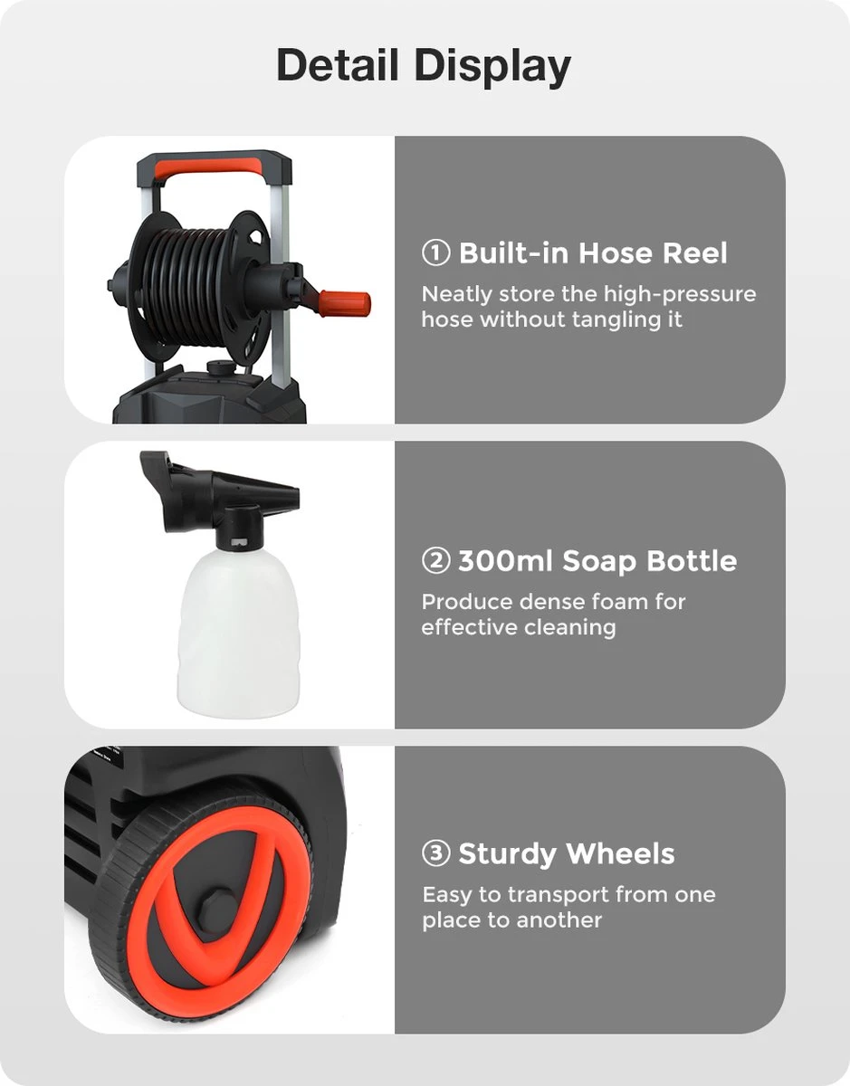 Merkloos Home Hogedrukreiniger - 2100W - 165 Bar - Met Verstelbare Nozzles Slanghaspel 5m Netsnoer 10m Slang - Voor Reiniging Huis Auto Tuin - Afbeelding 2