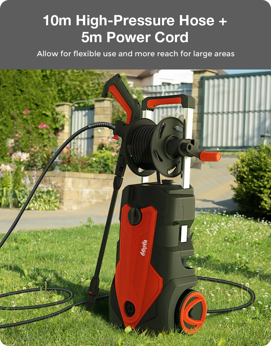 Merkloos Home Hogedrukreiniger - 2100W - 165 Bar - Met Verstelbare Nozzles Slanghaspel 5m Netsnoer 10m Slang - Voor Reiniging Huis Auto Tuin - Afbeelding 8