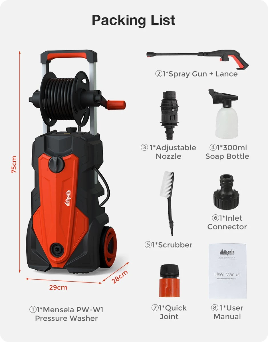 Merkloos Home Hogedrukreiniger - 2100W - 165 Bar - Met Verstelbare Nozzles Slanghaspel 5m Netsnoer 10m Slang - Voor Reiniging Huis Auto Tuin - Afbeelding 11